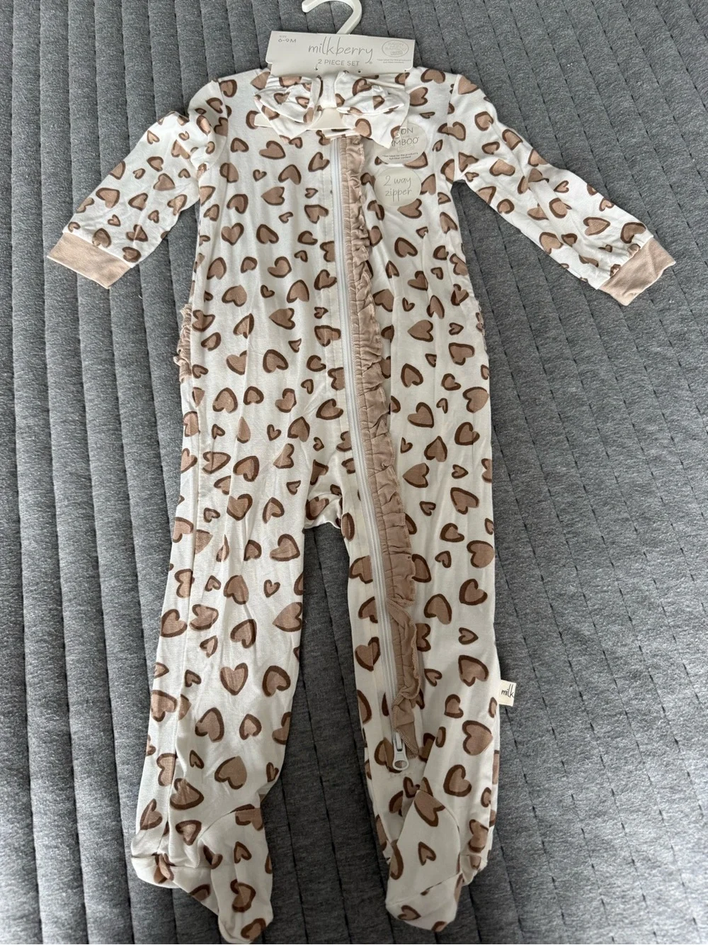 Milkberry Cream & Brown Heart Print Baby One-Piece